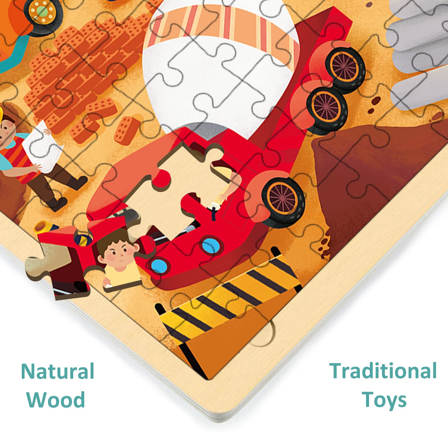 MoinKidz 100 Piece Wooden Jigsaw Puzzle for Kids Ages 4-8 – Construction Site with Unique Shaped Pieces and Sturdy Tray