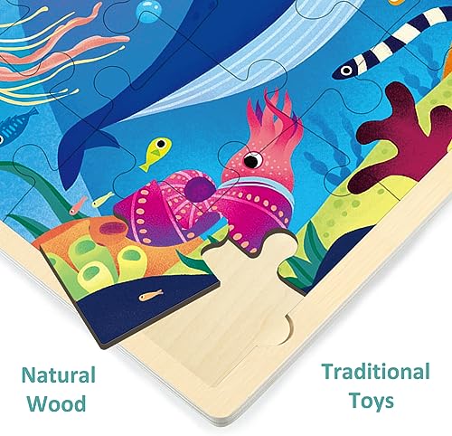 MoinKidz 24 Piece Wooden Jigsaw Puzzle for Kids Ages 3-5 – Unique Shape Ocean Animal Puzzle with Storage Tray