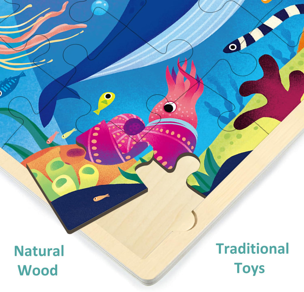 MoinKidz 24 Piece Wooden Jigsaw Puzzle for Kids Ages 3-5 – Unique Shape Ocean Animal Puzzle with Storage Tray