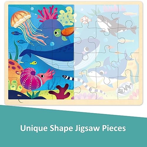 MoinKidz 24 Piece Wooden Jigsaw Puzzle for Kids Ages 3-5 – Unique Shape Ocean Animal Puzzle with Storage Tray