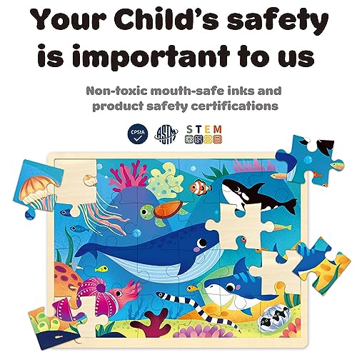 MoinKidz 24 Piece Wooden Jigsaw Puzzle for Kids Ages 3-5 – Unique Shape Ocean Animal Puzzle with Storage Tray