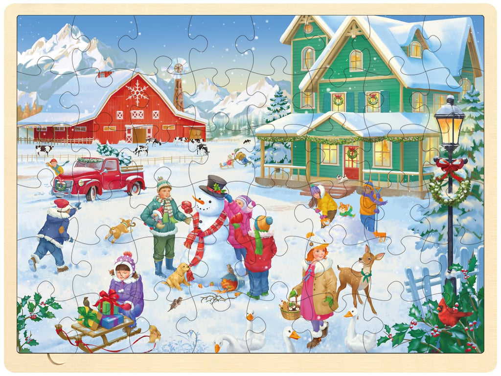 MoinKidz 48-Piece Christmas Wooden Jigsaw Puzzle for Kids Ages 3-8 – Snowy Farm Scene with Storage Tray