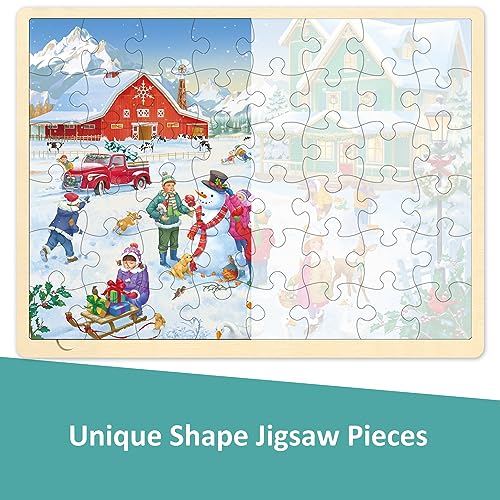 MoinKidz 48-Piece Christmas Wooden Jigsaw Puzzle for Kids Ages 3-8 – Snowy Farm Scene with Storage Tray
