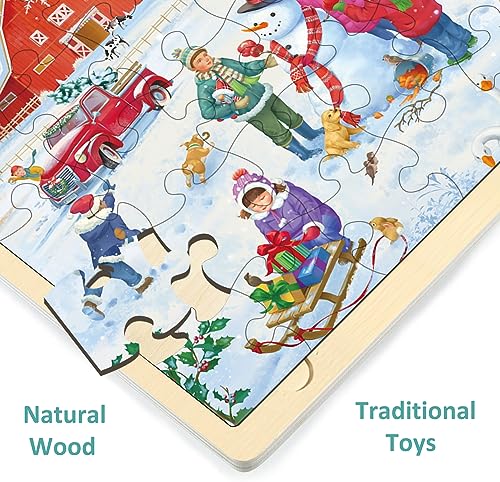 MoinKidz 48-Piece Christmas Wooden Jigsaw Puzzle for Kids Ages 3-8 – Snowy Farm Scene with Storage Tray
