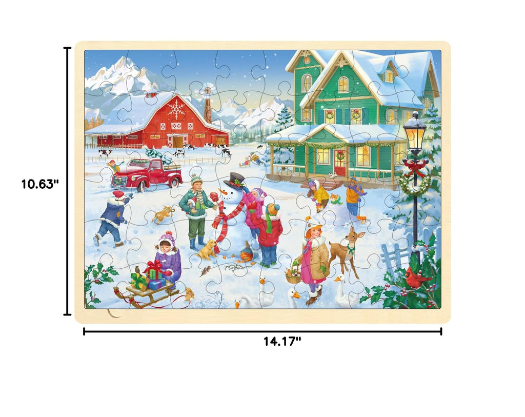 MoinKidz 48-Piece Christmas Wooden Jigsaw Puzzle for Kids Ages 3-8 – Snowy Farm Scene with Storage Tray