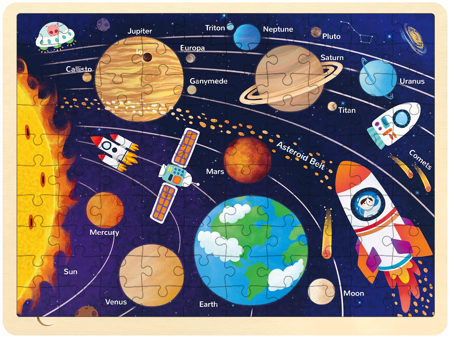 MoinKidz Solar System Wooden Puzzle for Kids 3-10 – 100 Unique Pieces with Storage Tray