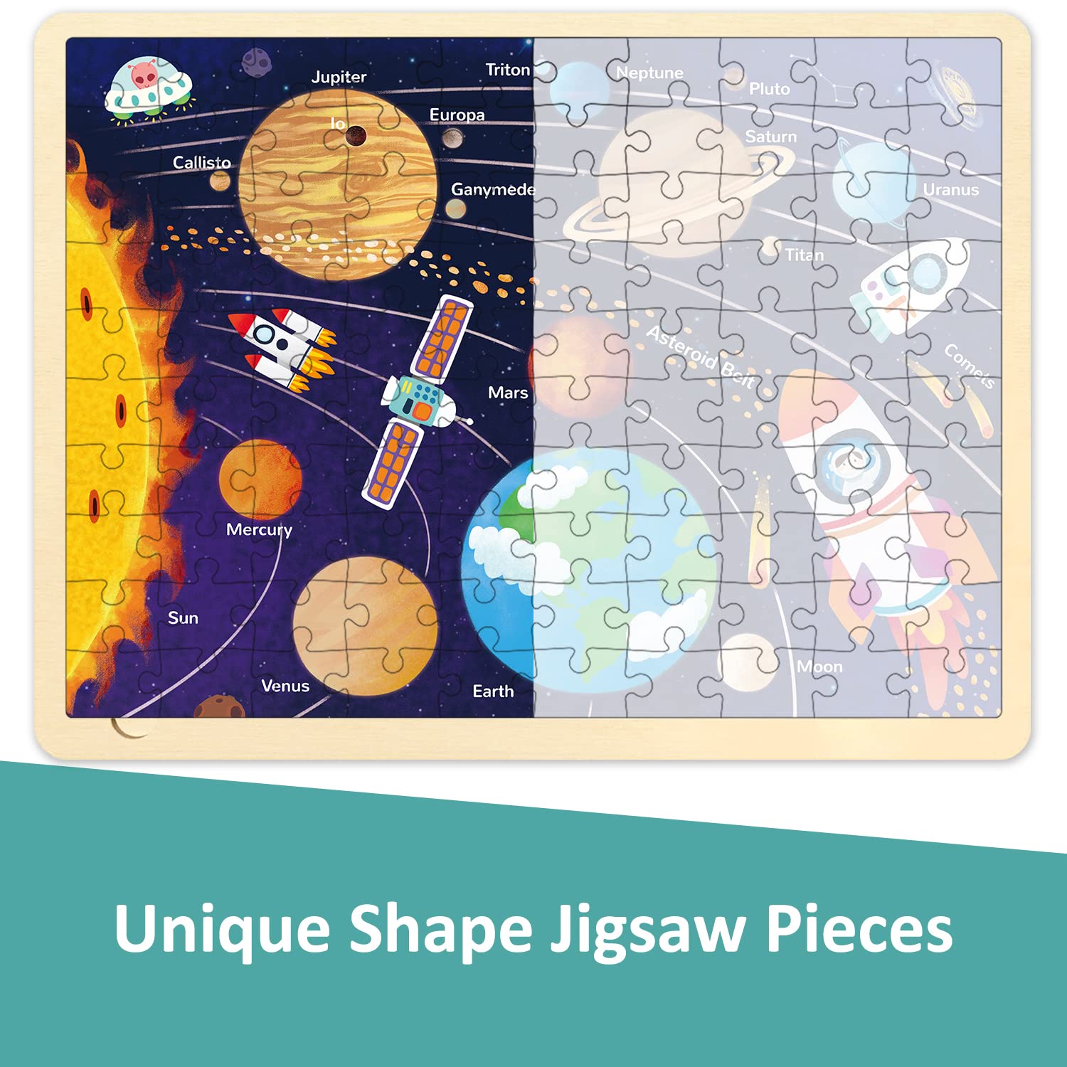 MoinKidz Solar System Wooden Puzzle for Kids 3-10 – 100 Unique Pieces with Storage Tray