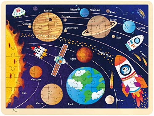 MoinKidz Solar System Wooden Puzzle for Kids 3-10 – 100 Unique Pieces with Storage Tray