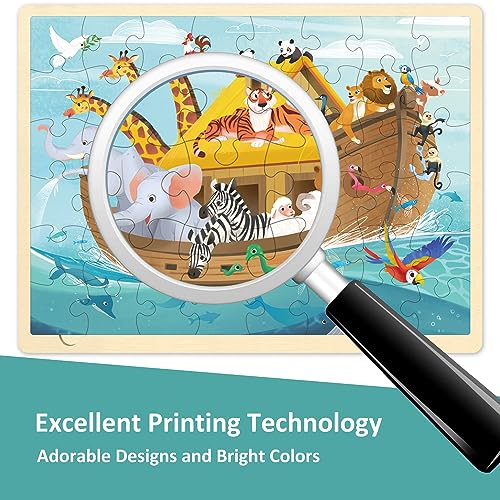 MoinKidz Wooden Noah's Ark Puzzle – 48 Piece Jigsaw with Tray, Christian Bible Scene for Ages 3-8