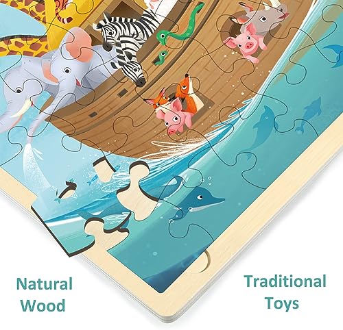 MoinKidz Wooden Noah's Ark Puzzle – 48 Piece Jigsaw with Tray, Christian Bible Scene for Ages 3-8