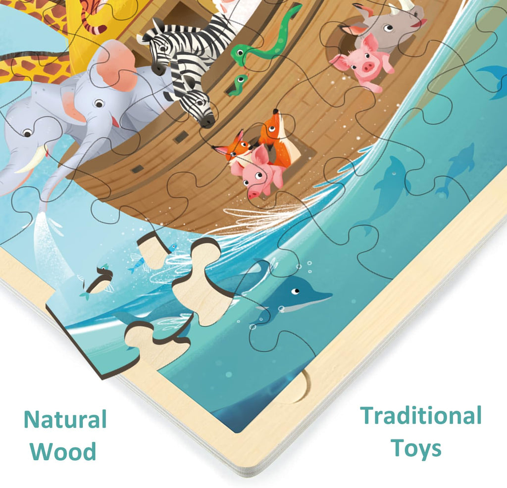 MoinKidz Wooden Noah's Ark Puzzle – 48 Piece Jigsaw with Tray, Christian Bible Scene for Ages 3-8