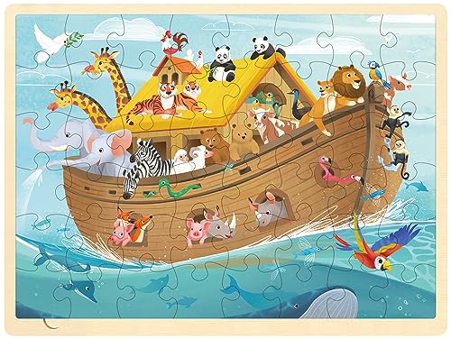 MoinKidz Wooden Noah's Ark Puzzle – 48 Piece Jigsaw with Tray, Christian Bible Scene for Ages 3-8
