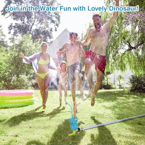 MoKo Dinosaur Water Sprinkler for Kids – Outdoor Play Toy with 4 Wiggle Tubes, Sprays Up to 8ft, Blue