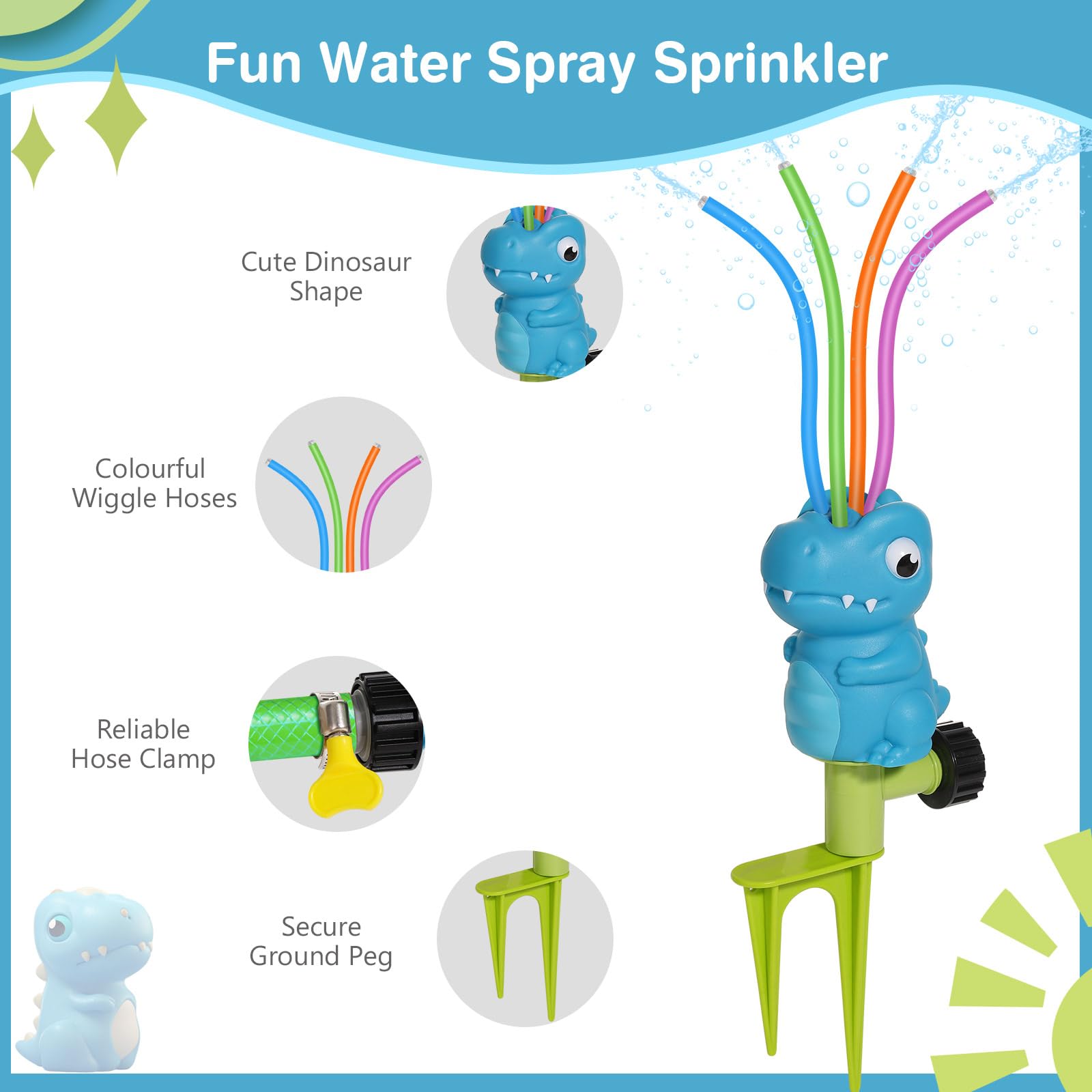 MoKo Dinosaur Water Sprinkler for Kids – Outdoor Play Toy with 4 Wiggle Tubes, Sprays Up to 8ft, Blue