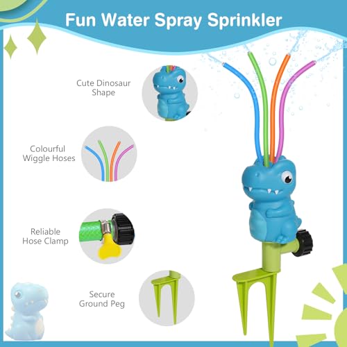 MoKo Dinosaur Water Sprinkler for Kids – Outdoor Play Toy with 4 Wiggle Tubes, Sprays Up to 8ft, Blue