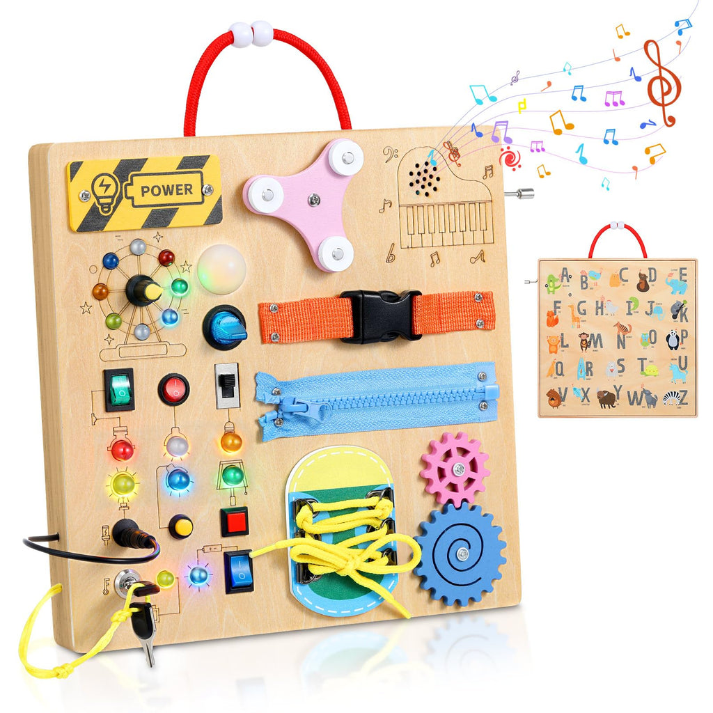 MoKo Montessori Busy Board: Wooden Sensory Toy with LED Lights, Switches, and Music Box for Toddlers Age 3+