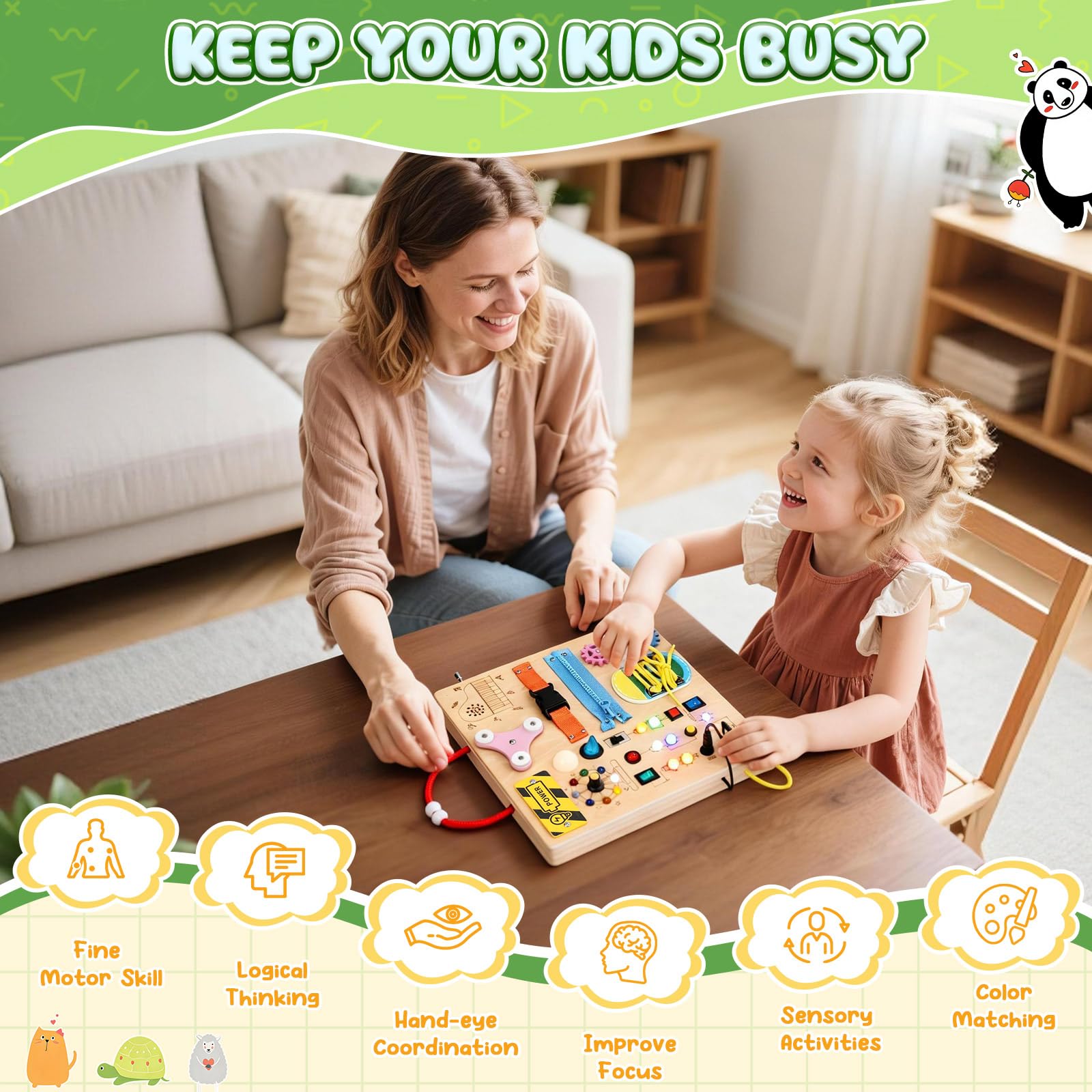 MoKo Montessori Busy Board: Wooden Sensory Toy with LED Lights, Switches, and Music Box for Toddlers Age 3+