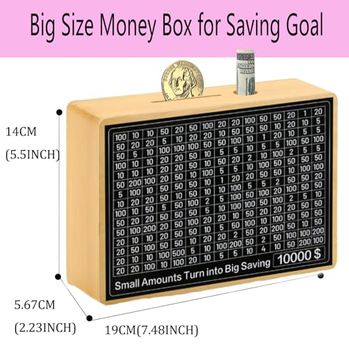 MoliDow $10,000 Savings Challenge Box – Wooden Piggy Bank with Goal Stickers, Pens & Tweezers (No Assembly Needed)
