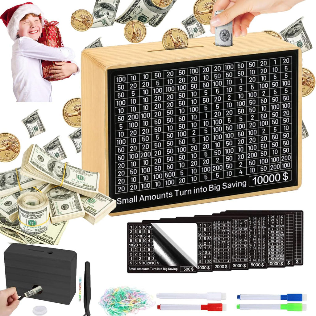 MoliDow $10,000 Savings Challenge Box – Wooden Piggy Bank with Goal Stickers, Pens & Tweezers (No Assembly Needed)