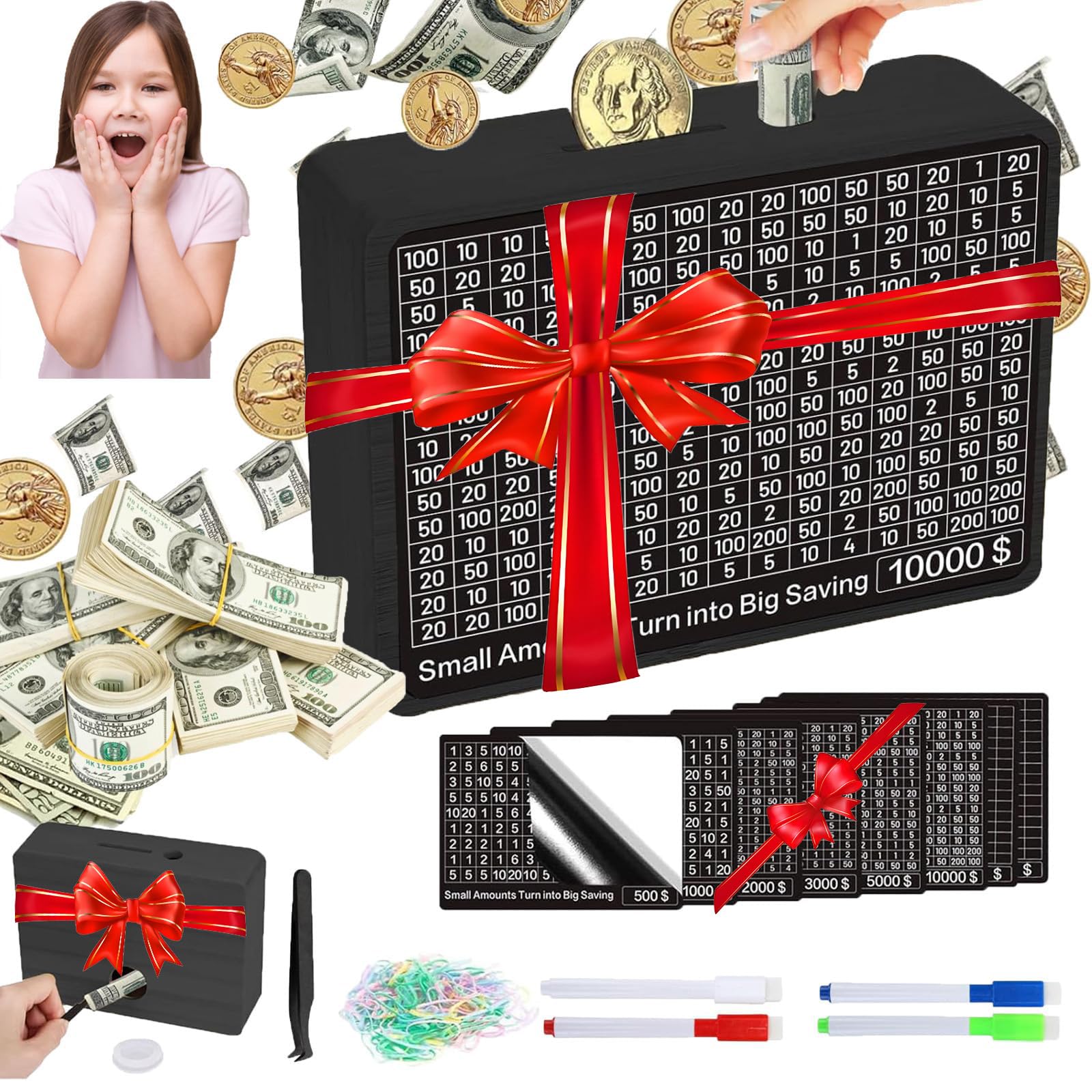 MoliDow Wooden Money Saving Box – No-Install Cash Vault for Savings up to $10,000, Includes Pens and Trackers