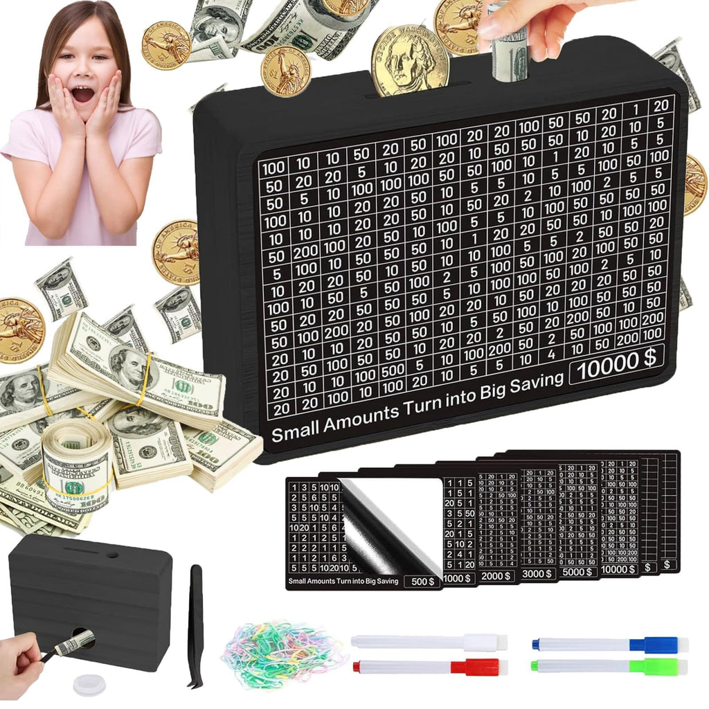 MoliDow Wooden Money Saving Box – No-Install Cash Vault for Savings up to $10,000, Includes Pens and Trackers
