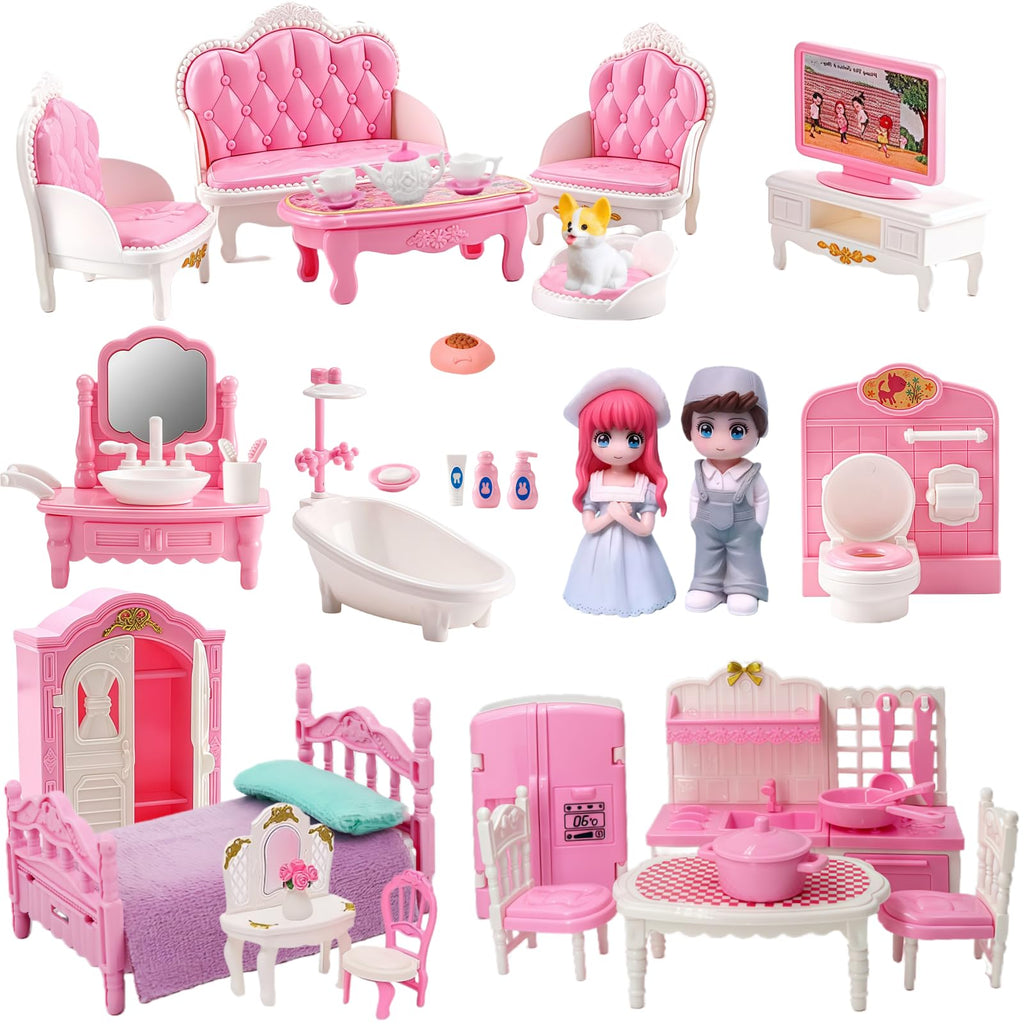 MOLINGXUAN 48-Piece Dollhouse Furniture Set – Pink Victorian-Style Miniature Collection for Living Room, Bedroom, Bathroom & Kitchen