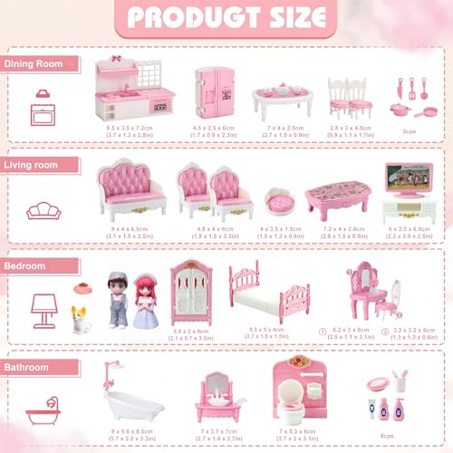 MOLINGXUAN 48-Piece Dollhouse Furniture Set – Pink Victorian-Style Miniature Collection for Living Room, Bedroom, Bathroom & Kitchen