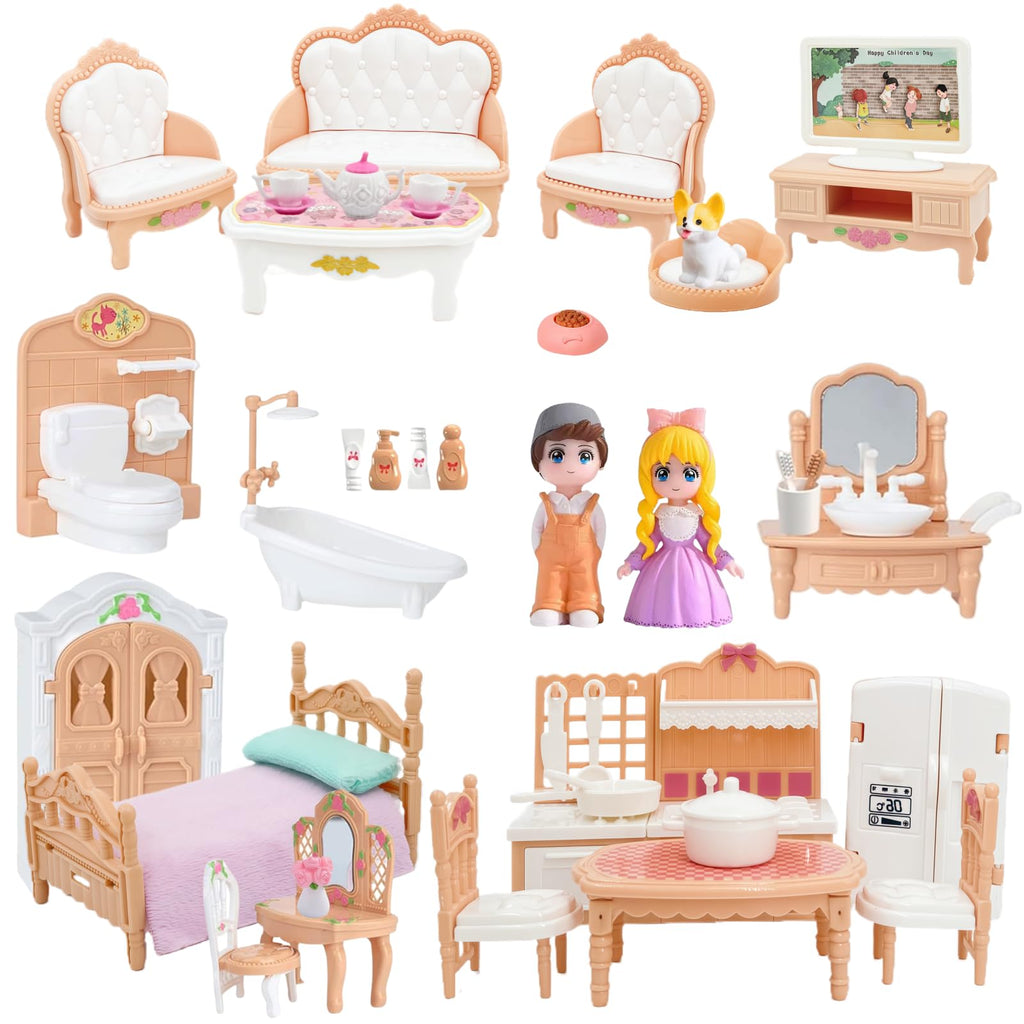 MOLINGXUAN 48-Piece Luxury Dollhouse Furniture Set - Beige Victorian Miniature Accessories for Living, Bedroom, Bathroom, Kitchen