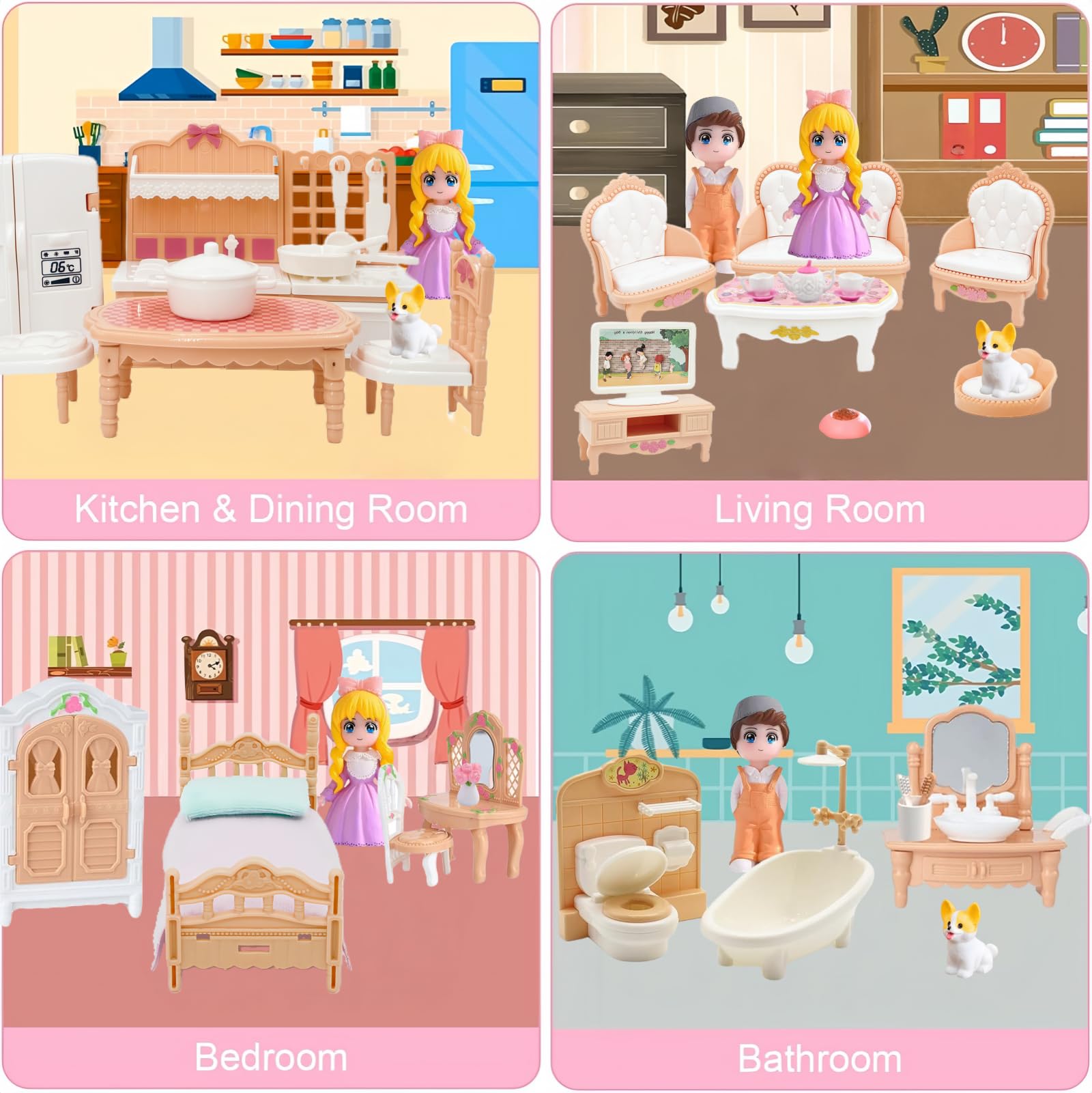 MOLINGXUAN 48-Piece Luxury Dollhouse Furniture Set - Beige Victorian Miniature Accessories for Living, Bedroom, Bathroom, Kitchen