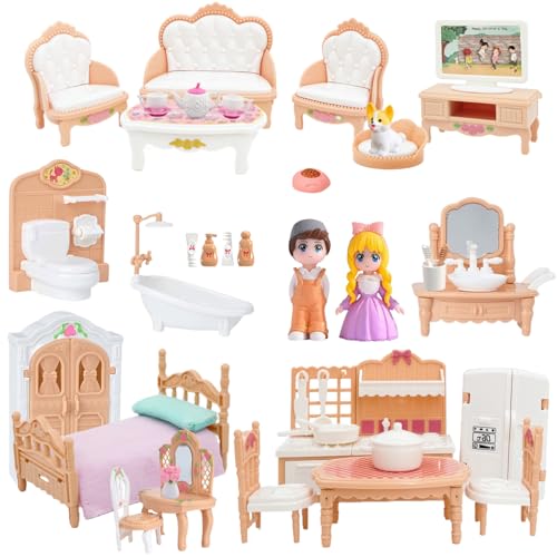 MOLINGXUAN 48-Piece Luxury Dollhouse Furniture Set - Beige Victorian Miniature Accessories for Living, Bedroom, Bathroom, Kitchen