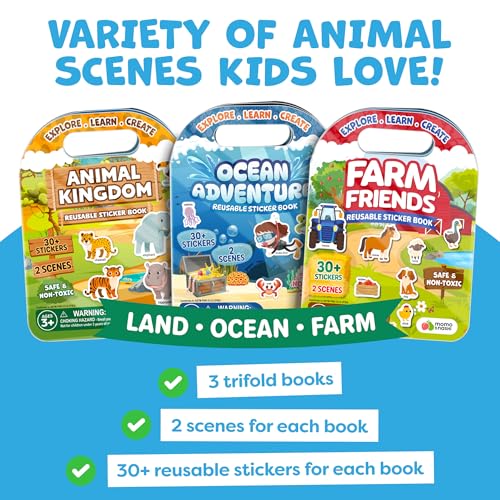 Momo & Nashi Reusable Sticker Books for Toddlers 1-3 (3 Themes, 100+ Stickers) - Portable Travel Activity