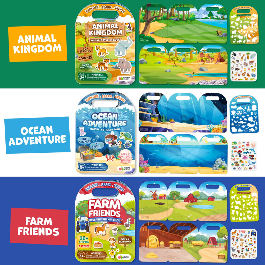 Momo & Nashi Reusable Sticker Books for Toddlers 1-3 (3 Themes, 100+ Stickers) - Portable Travel Activity
