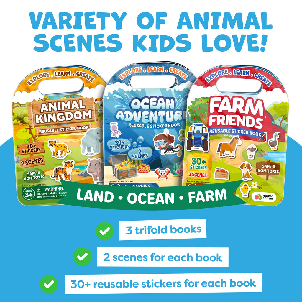 Momo & Nashi Reusable Sticker Books for Toddlers 1-3 (3 Themes, 100+ Stickers) - Portable Travel Activity