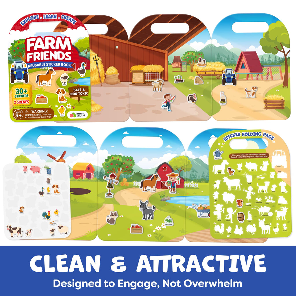 Momo & Nashi Reusable Sticker Books for Toddlers 1-3 (3 Themes, 100+ Stickers) - Portable Travel Activity