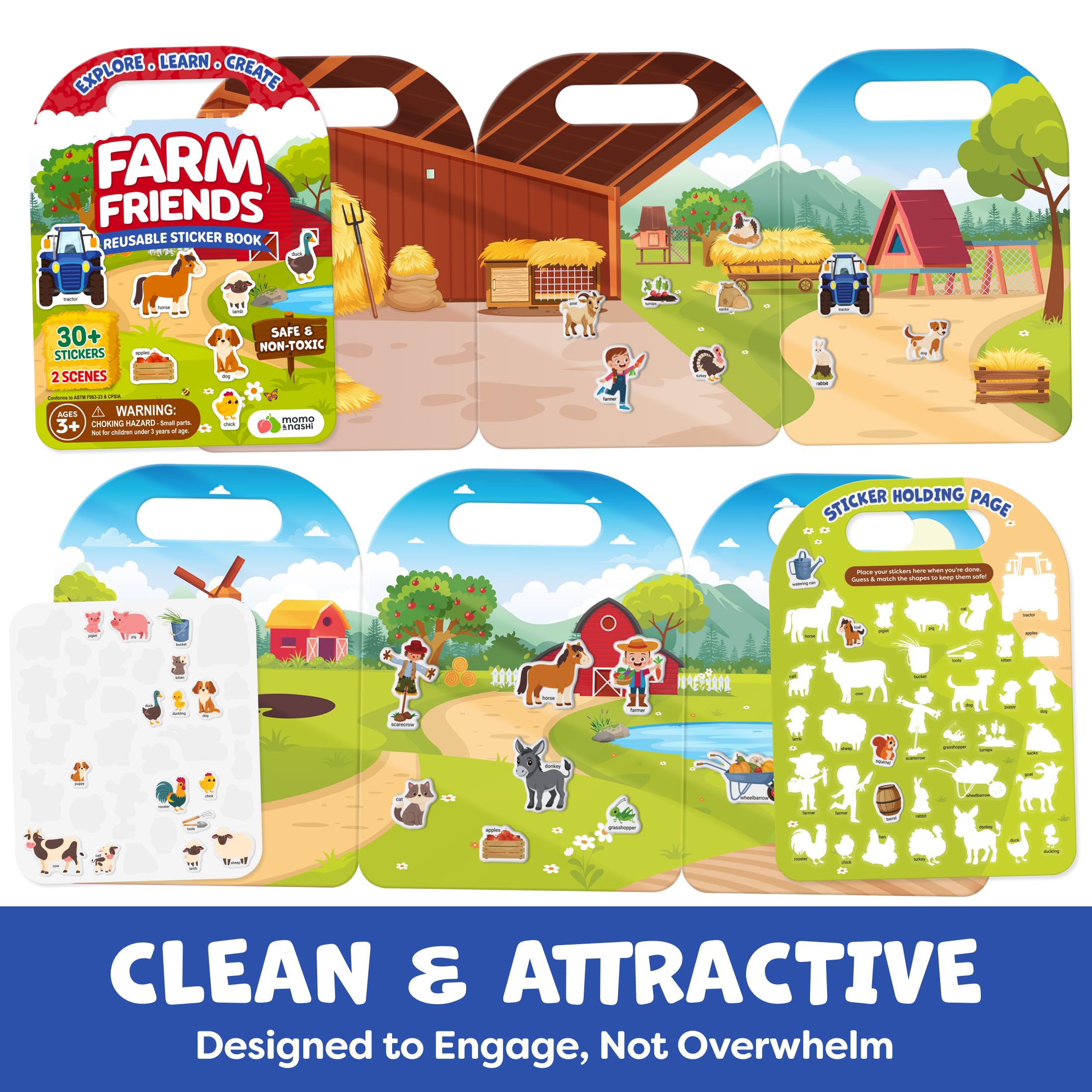 Momo & Nashi Reusable Sticker Books for Toddlers 1-3 (3 Themes, 100+ Stickers) - Portable Travel Activity