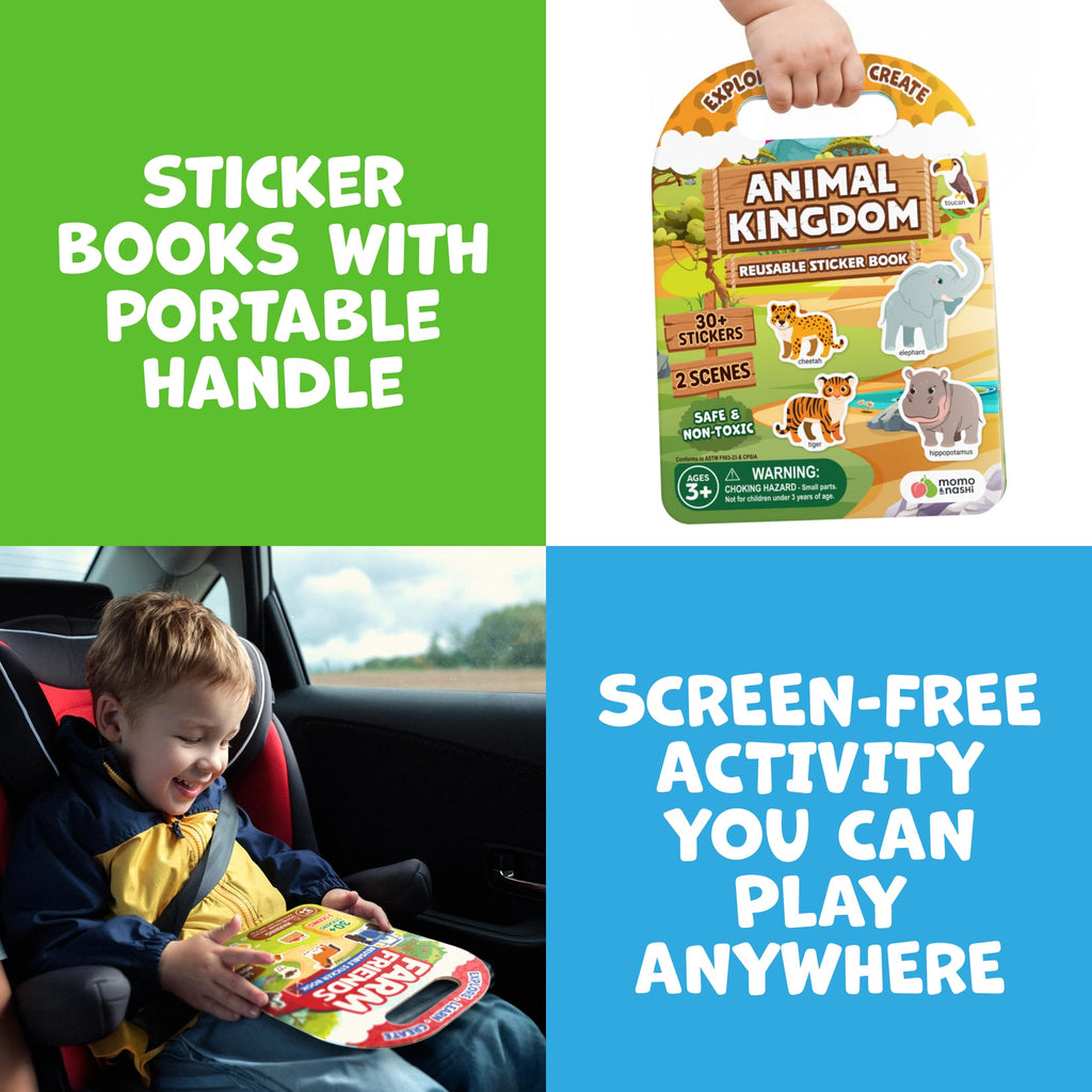 Momo & Nashi Reusable Sticker Books for Toddlers 1-3 (3 Themes, 100+ Stickers) - Portable Travel Activity