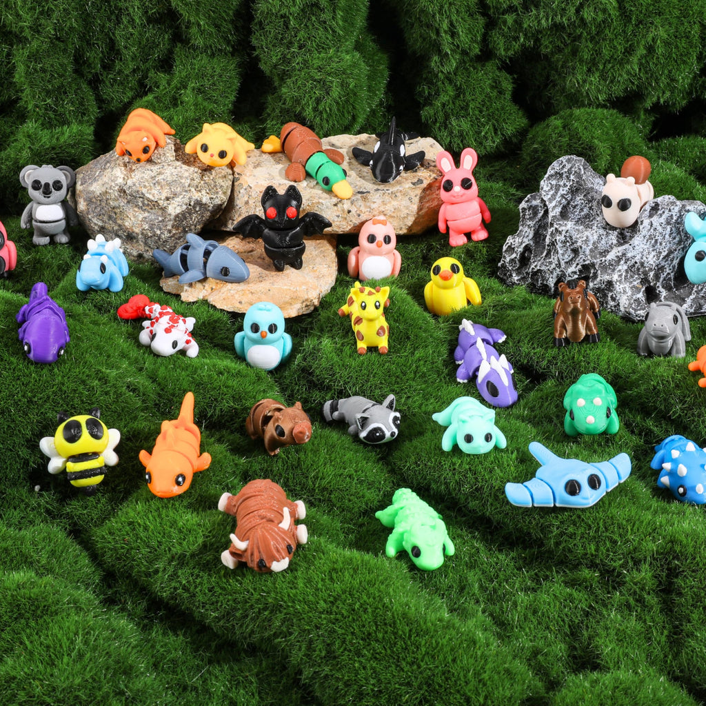MONJITA 35-Piece Mini 3D Printed Animal Figurines – Articulated Fidget Toys, Desk Decor & Party Favors