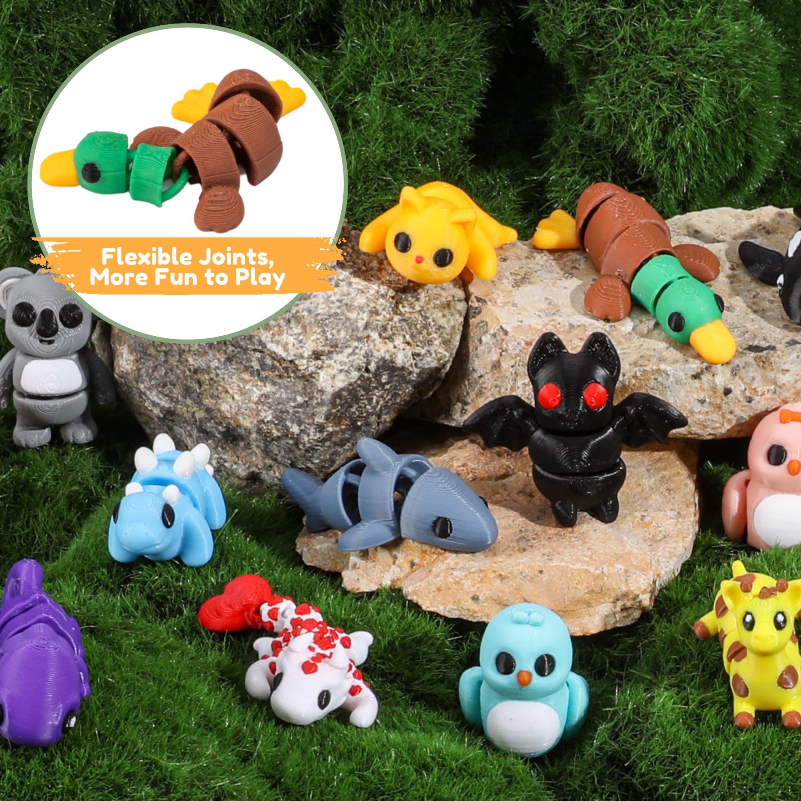 MONJITA 35-Piece Mini 3D Printed Animal Figurines – Articulated Fidget Toys, Desk Decor & Party Favors