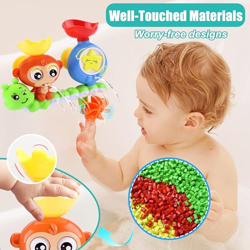 Monkey Waterfall Bath Toy for Toddlers 1-3 Years – Spinning Gears & Cups, No Batteries Needed