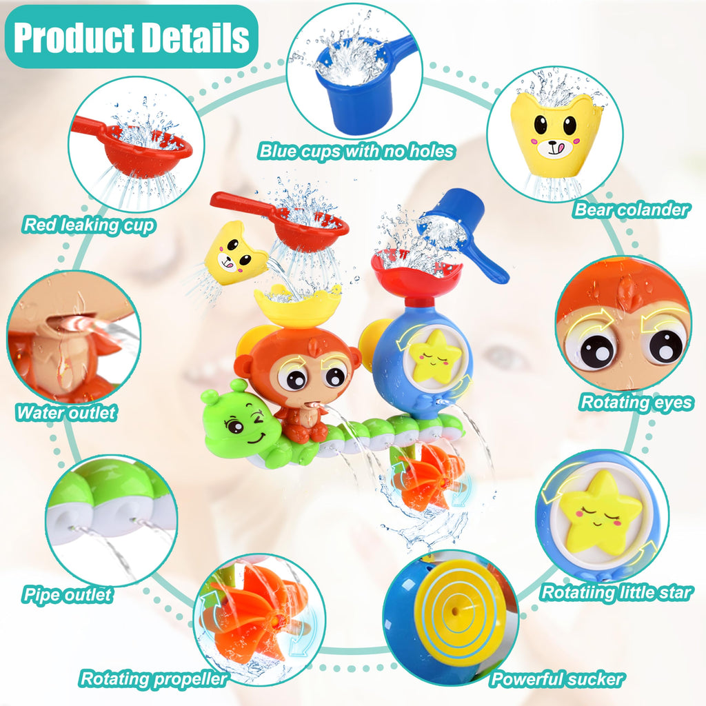 Monkey Waterfall Bath Toy for Toddlers 1-3 Years – Spinning Gears & Cups, No Batteries Needed