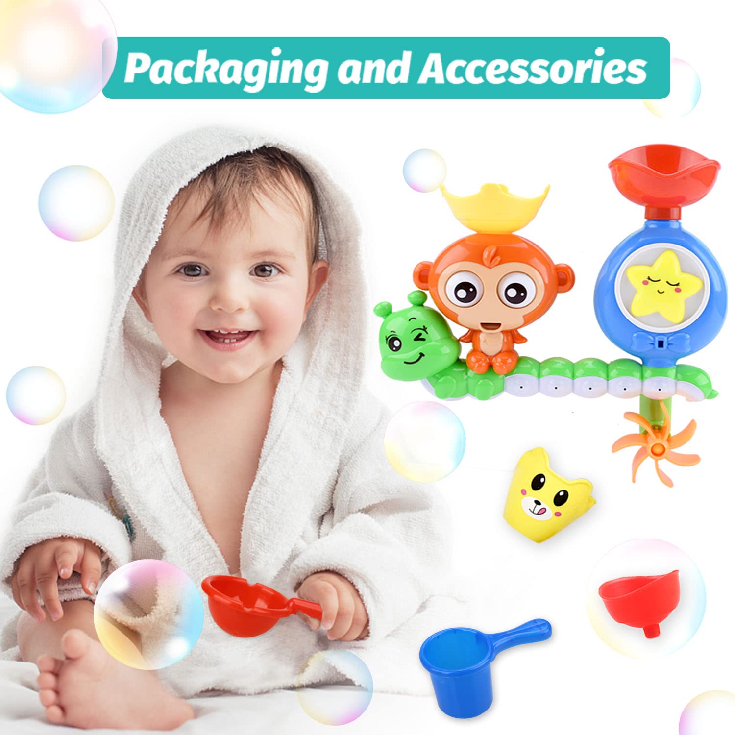 Monkey Waterfall Bath Toy for Toddlers 1-3 Years – Spinning Gears & Cups, No Batteries Needed