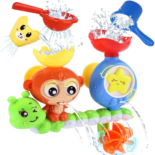 Monkey Waterfall Bath Toy for Toddlers 1-3 Years – Spinning Gears & Cups, No Batteries Needed
