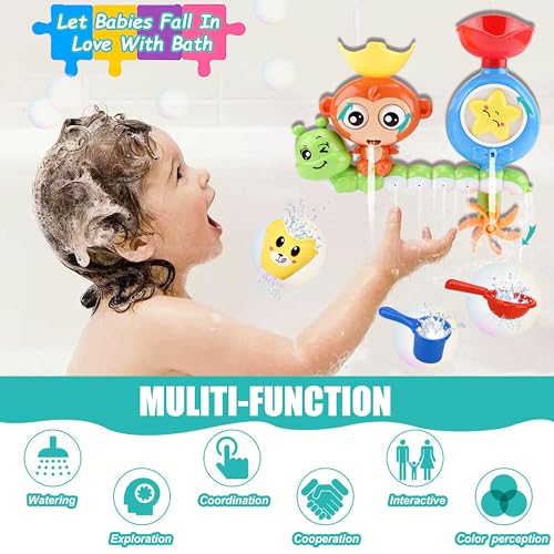Monkey Waterfall Bath Toy for Toddlers 1-3 Years – Spinning Gears & Cups, No Batteries Needed