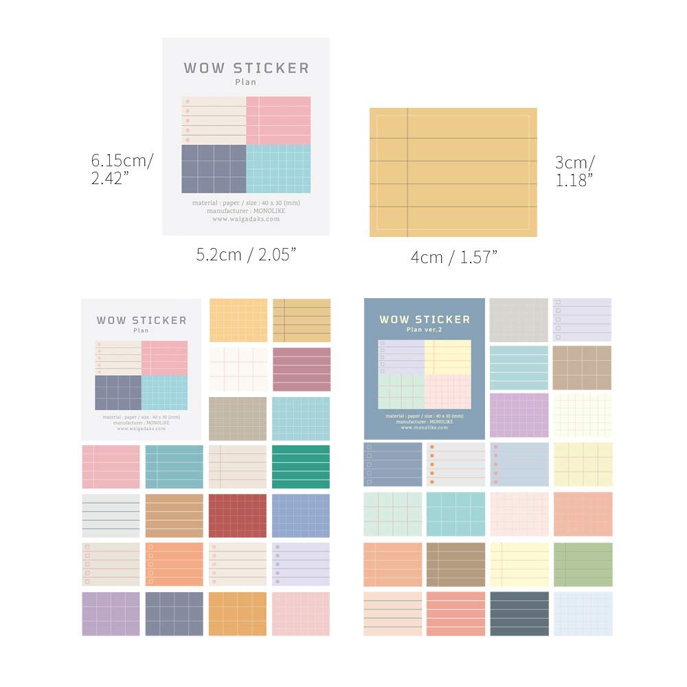 Monolike Wow Sticker Set (Plan ver.1 + ver.2): 6 Mini Square Paper Stickers in Box