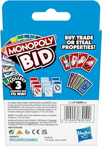 Monopoly Bid – Fast-Paced Auction Card Game for 4 Players, Ages 7+