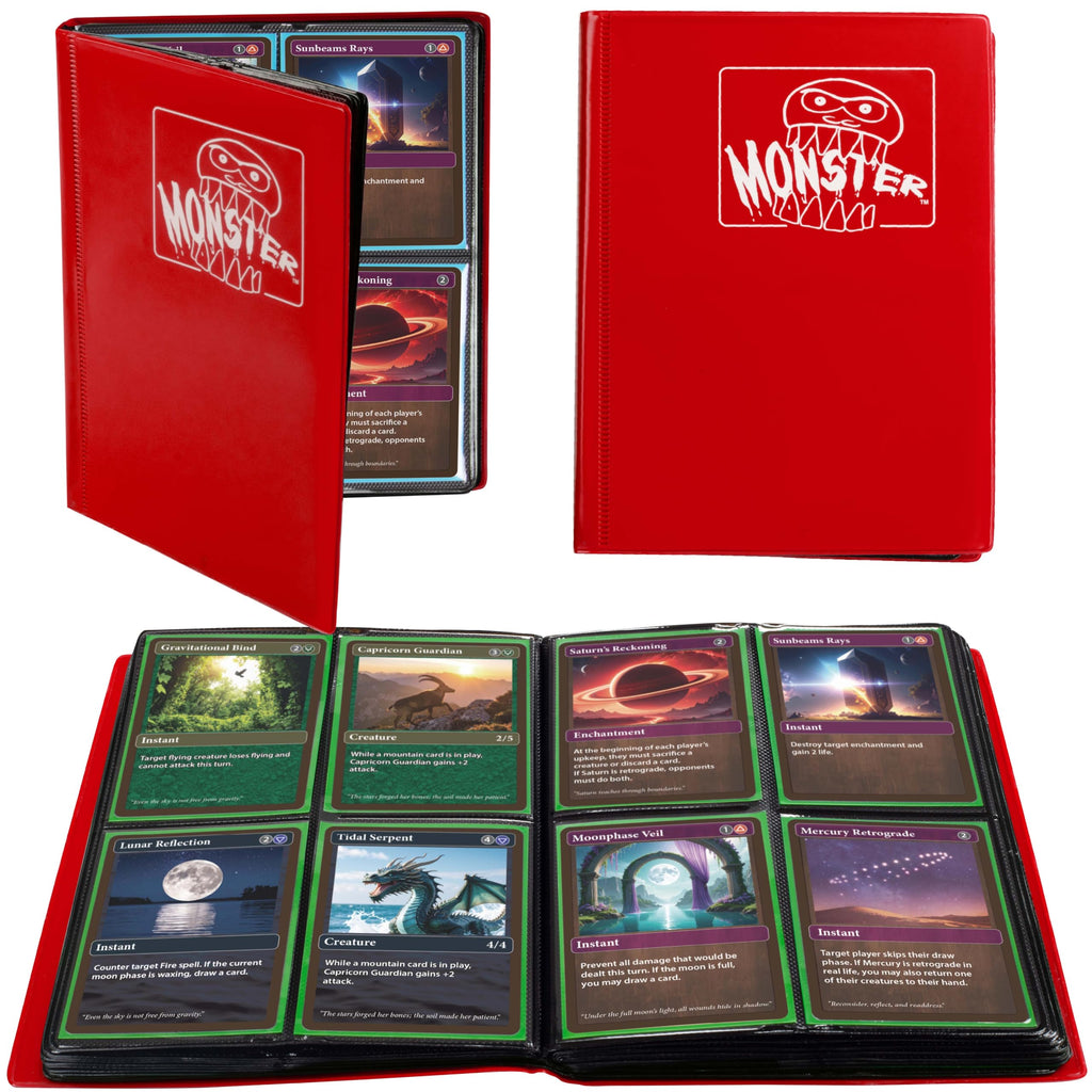 Monster 4 Pocket Trading Card Album - Matte Red, Holds 160 Cards, Side-Loading Pockets | Compatible with Pokemon Yugioh MTG