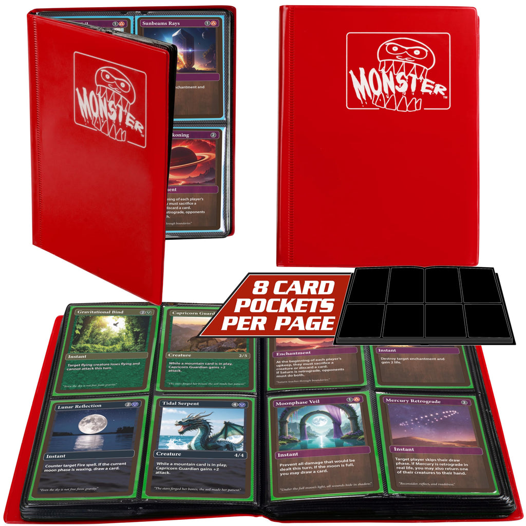 Monster 4 Pocket Trading Card Album - Matte Red, Holds 160 Cards, Side-Loading Pockets | Compatible with Pokemon Yugioh MTG