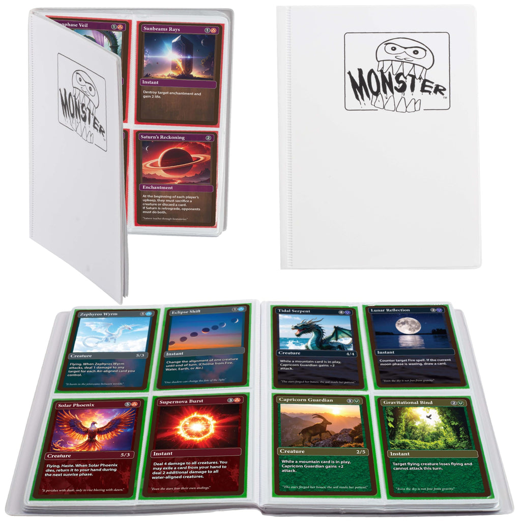 Monster Protectors 4 Pocket Trading Card Album - Matte White Binder with Side Loading Pockets, Holds 160 Cards for Pokémon, Yu-Gi-Oh!, MTG