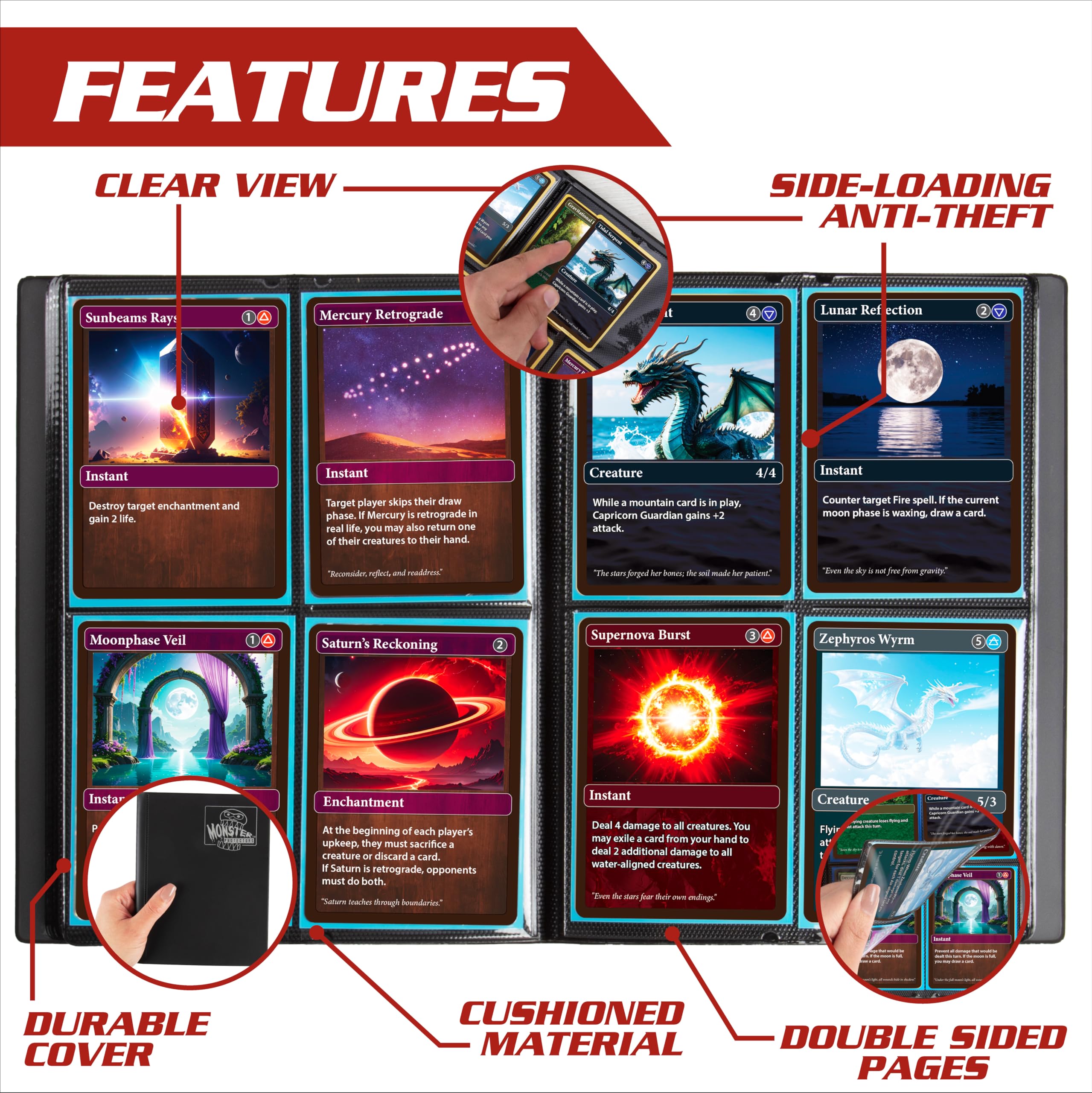 Monster Protectors 4 Pocket Trading Card Album - Matte White Binder with Side Loading Pockets, Holds 160 Cards for Pokémon, Yu-Gi-Oh!, MTG