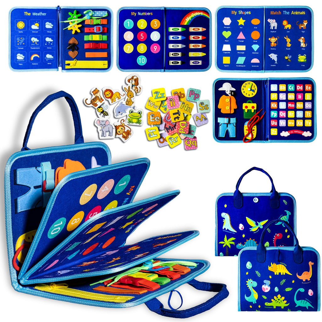 Montessori Busy Board for Toddlers 3-6, Dinosaur Theme Sensory Educational Toy for Fine Motor Skills, Travel Friendly for Airplane and Car, Gift for Boys Girls